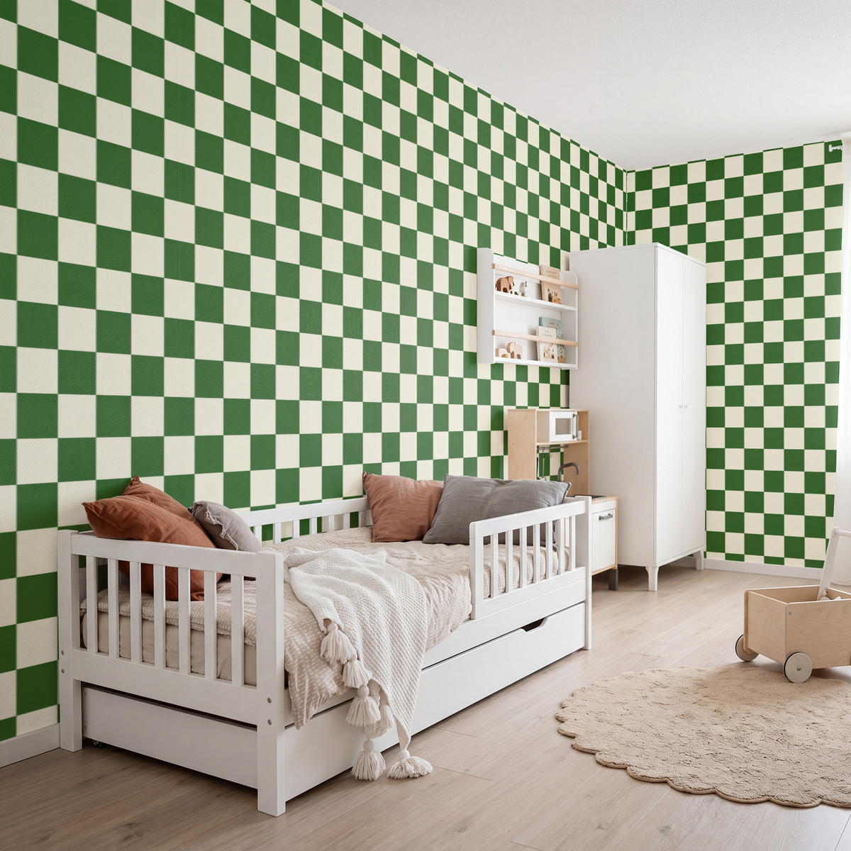 KINDERTAPETE - Schachbrett - Muster - Grün - 500x200 cm - Grün, Papier (500/200cm) - OnlyWow
