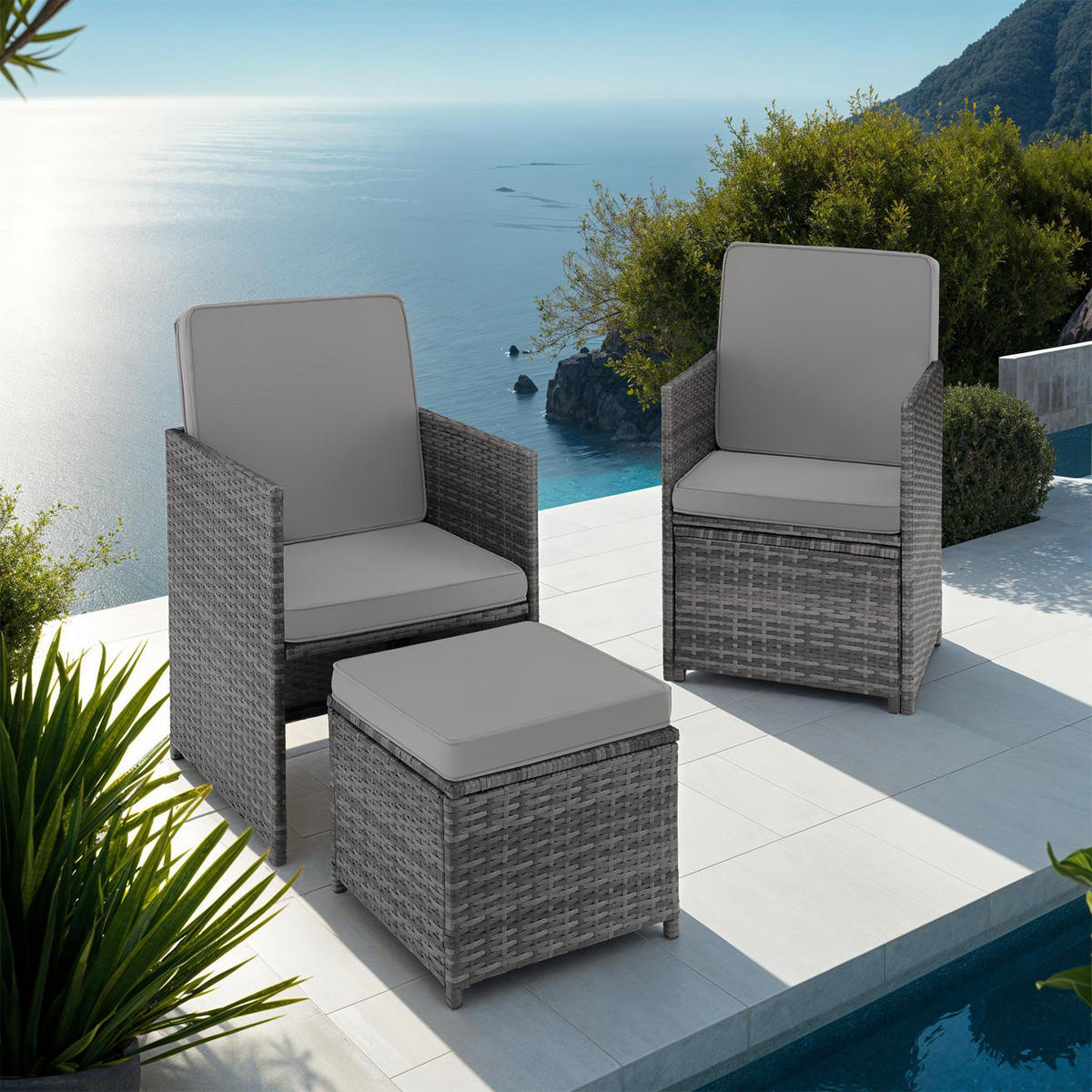 RATTAN SITZGRUPPE Palermo,inklusive Flaschenöffner, zusammenschiebbar,grau - Grau, Kunststoff - tectake