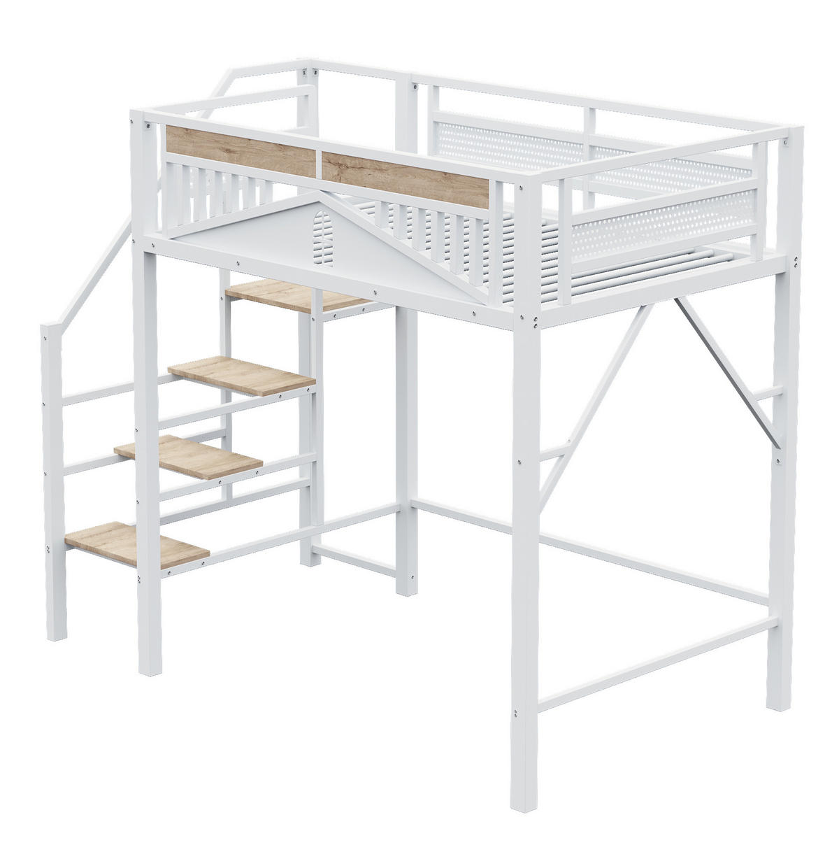 HOCHBETT 140/200 cm aus Metall und Holz mit Sicherheitsleiter, Weiß - Weiß, Metall (140/200cm) - OKMYHOME