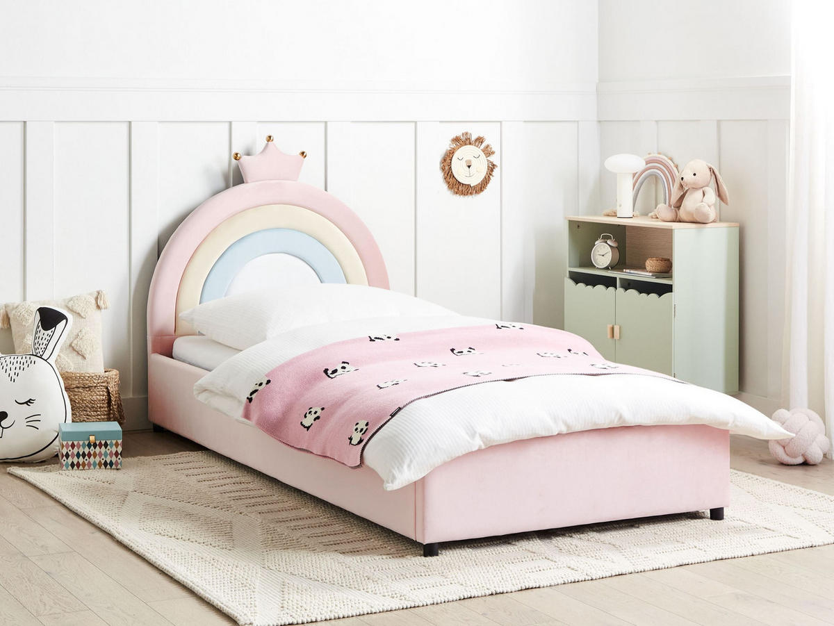 DĚTSKÁ POSTEL s úložným prostorem 90/200 cm Sametová látka Růžová Grisetot - růžová, textil (90/200cm) - Beliani
