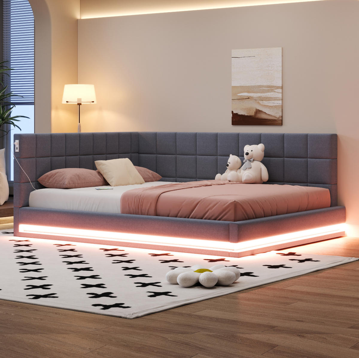 POLSTERBETT 160/200 cm Grau aus Leinen mit LED-Beleuchtung und USB-Anschluss - Grau, Textil (160/200cm) - OKMYHOME