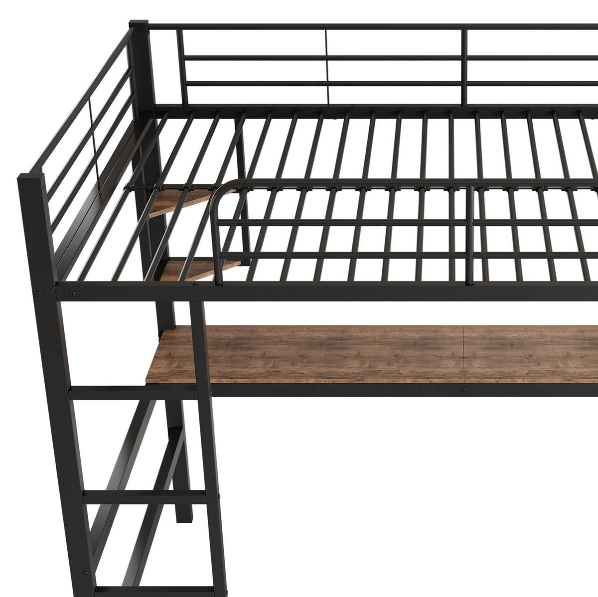 HOCHBETT mit Schreibtisch 90/200 cm in Schwarz – mit Regal und Rausfallschutz - Schwarz, Metall (90/200cm) - BEAOK
