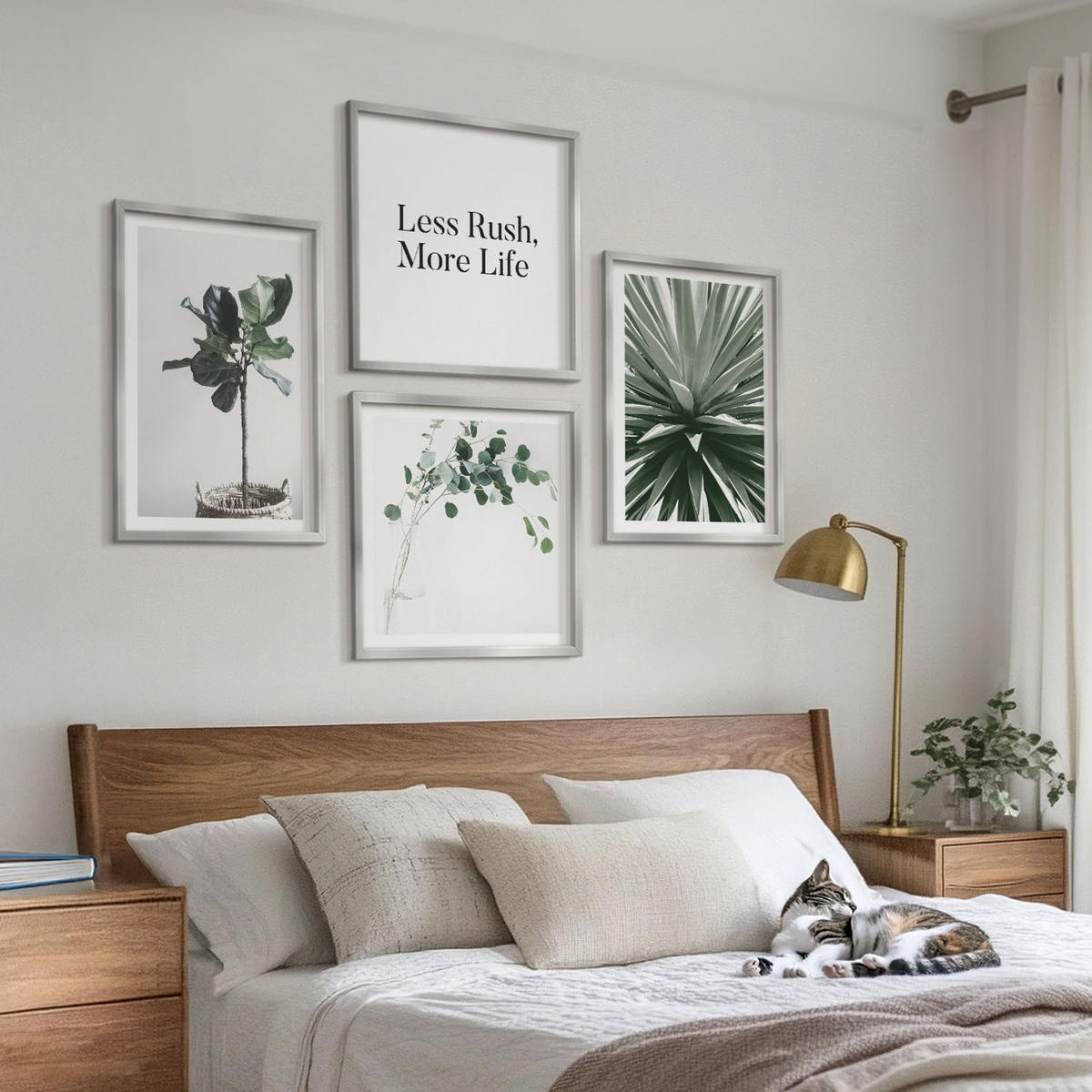 WANDBILDER 4er Set - 50x50 cm & 40x60 cm Silberner Rahmen - Minimalismus mit grünen Pflanzen - Silberfarben, Kunststoff (50/50cm) - ArtPrintCave