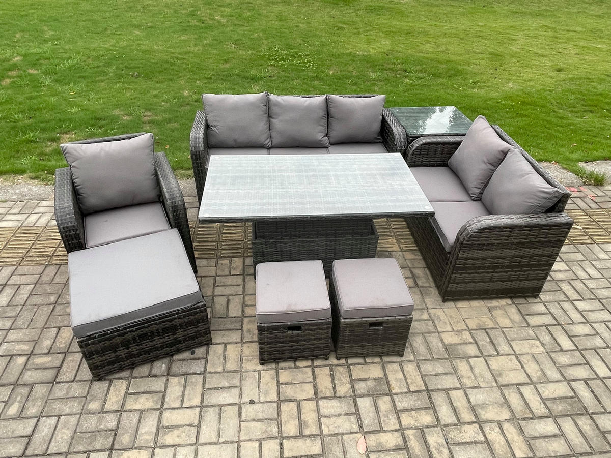 GARTENMÖBEL SET mit Höhenverstellbarer Esstisch,Beistelltisch 9-Sitzer Grau - Dunkelgrau/Grau, Glas/Kunststoff - Fimous