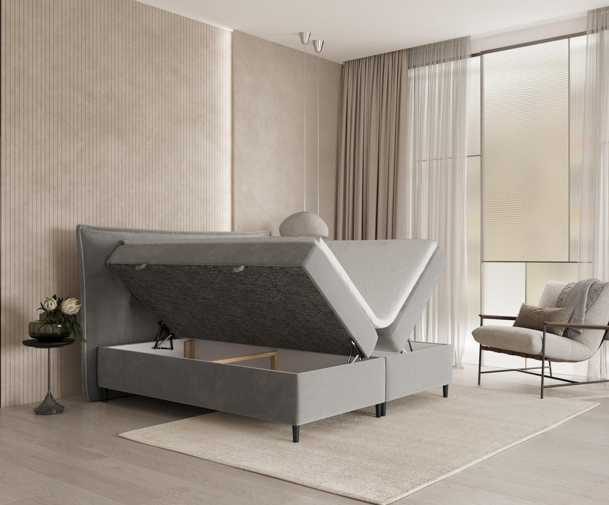 BOXBETT Sinai Grau Beige 140/200 cm mit Taschenmatratze und Topper - Greige/Schwarz, Holz/Holzwerkstoff (140/200cm) - Maison de Reve