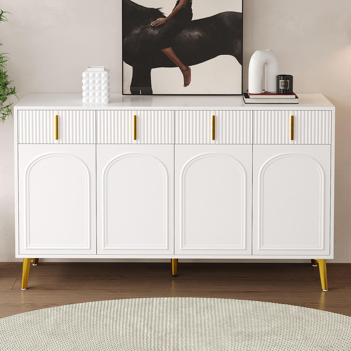 SIDEBOARD aus weißem MDF mit Melamin, 4 Türen und 4 Schubladen, goldene Griffe und Beine, 140/38/82 cm, Weiß - Weiß, Holzwerkstoff (140/82/38cm) - Redom