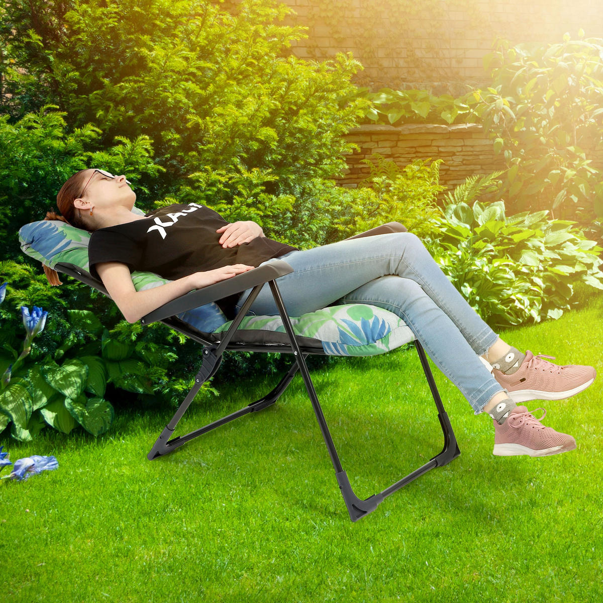 GARTENLIEGESTUHL 119 x 55 cm „Leaves“ - Blau/Weiß, Metall (58/119cm) - KADAX