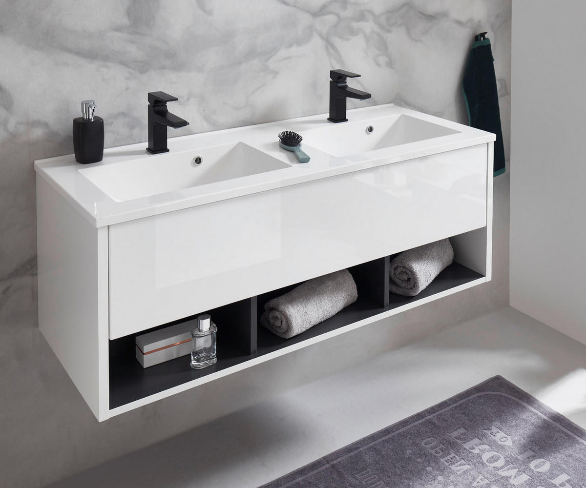 WASCHBECKENUNTERSCHRANK MIT Doppelwaschbecken in weiß Hochglanz und grau 120 cm Glide - Weiß Hochglanz/Grau, Holzwerkstoff/Metall (120/44/47cm) - Furn.Design