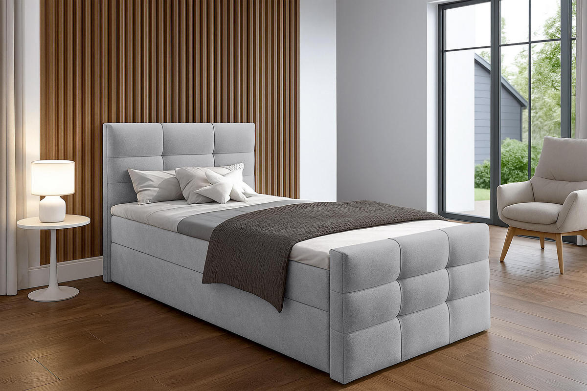 BOXBETT ARGENTARO 90x200 cm mit Bettkasten und Matratze - Grau - Schwarz/Grau, Holz/Holzwerkstoff (90/200cm) - AX Living