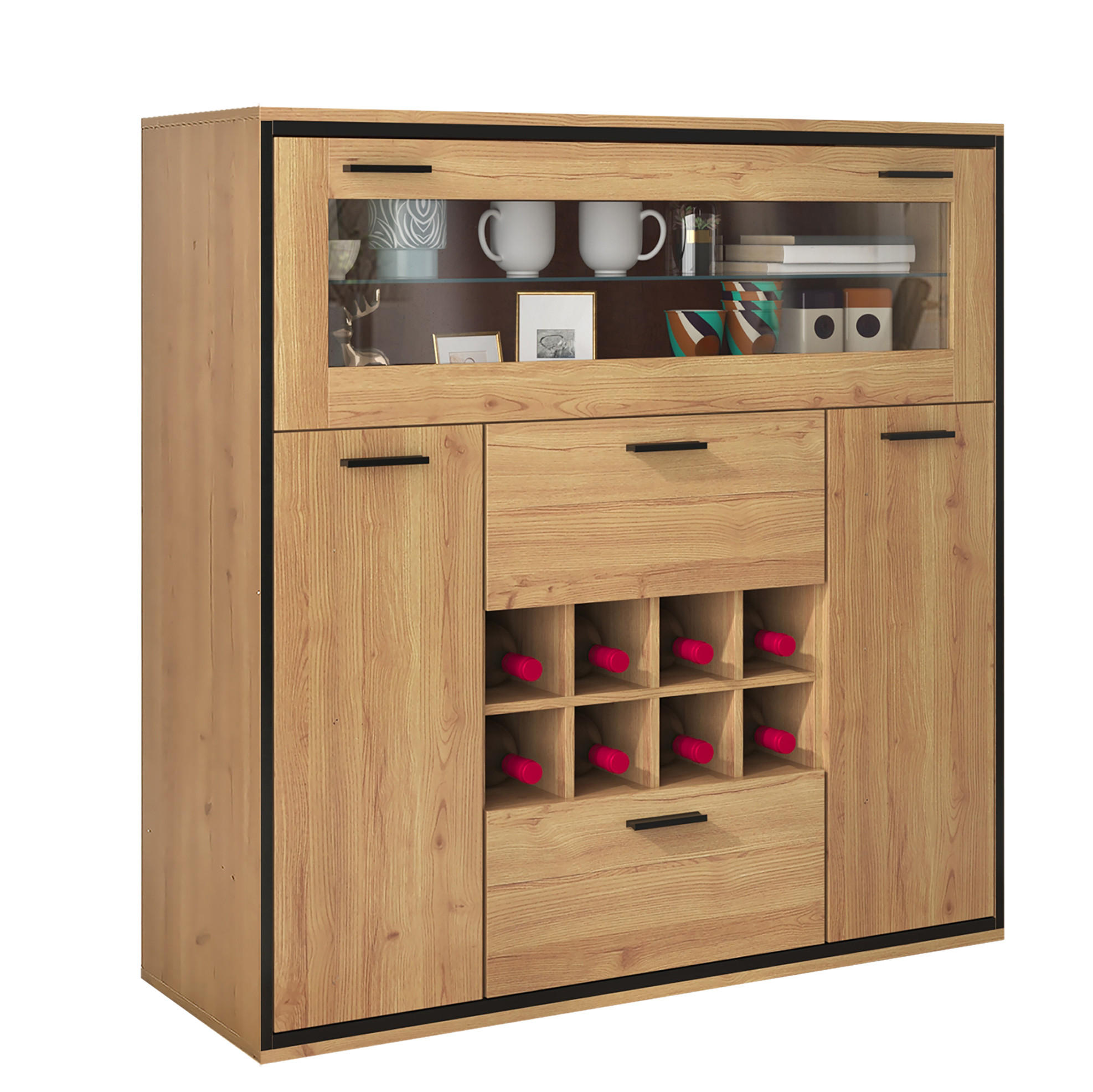 SIDEBOARD 38/110/111 cm mit Weinregal, Glastrennwand und LED-Beleuchtung, Natur/Schwarz - Naturfarben, Holzwerkstoff (110/111/38cm) - Redom