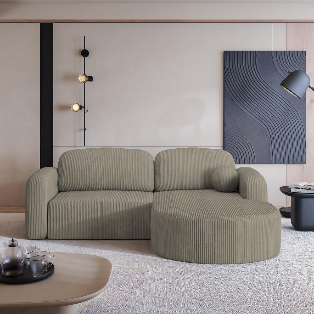 ECKSOFA AMILIA P R-S Beige Kordstoff mit Schlaffunktion - Beige, Holz (263/174cm) - MASSENO