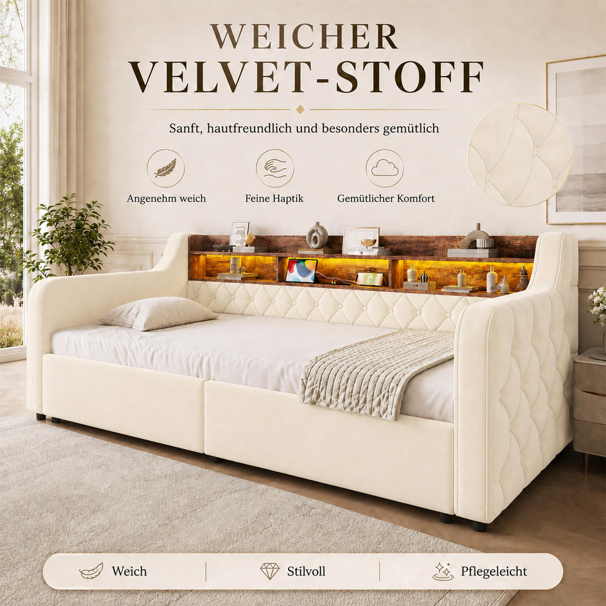 TAGESBETT 90/190 mit Schubladen & Regal, USB-C Ladeanschlüsse/LED, Samt, Beige - Beige, Holz (90/190cm) - LVHOM