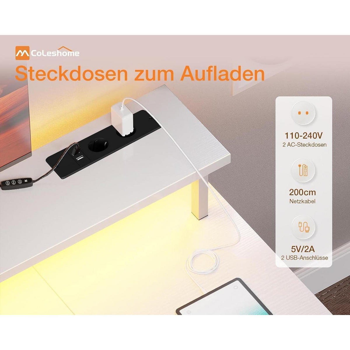 GAMING Tisch mit LED-Beleuchtung Weiß 120 x 50 cm - Weiß, Metall (120/50/86.5cm)