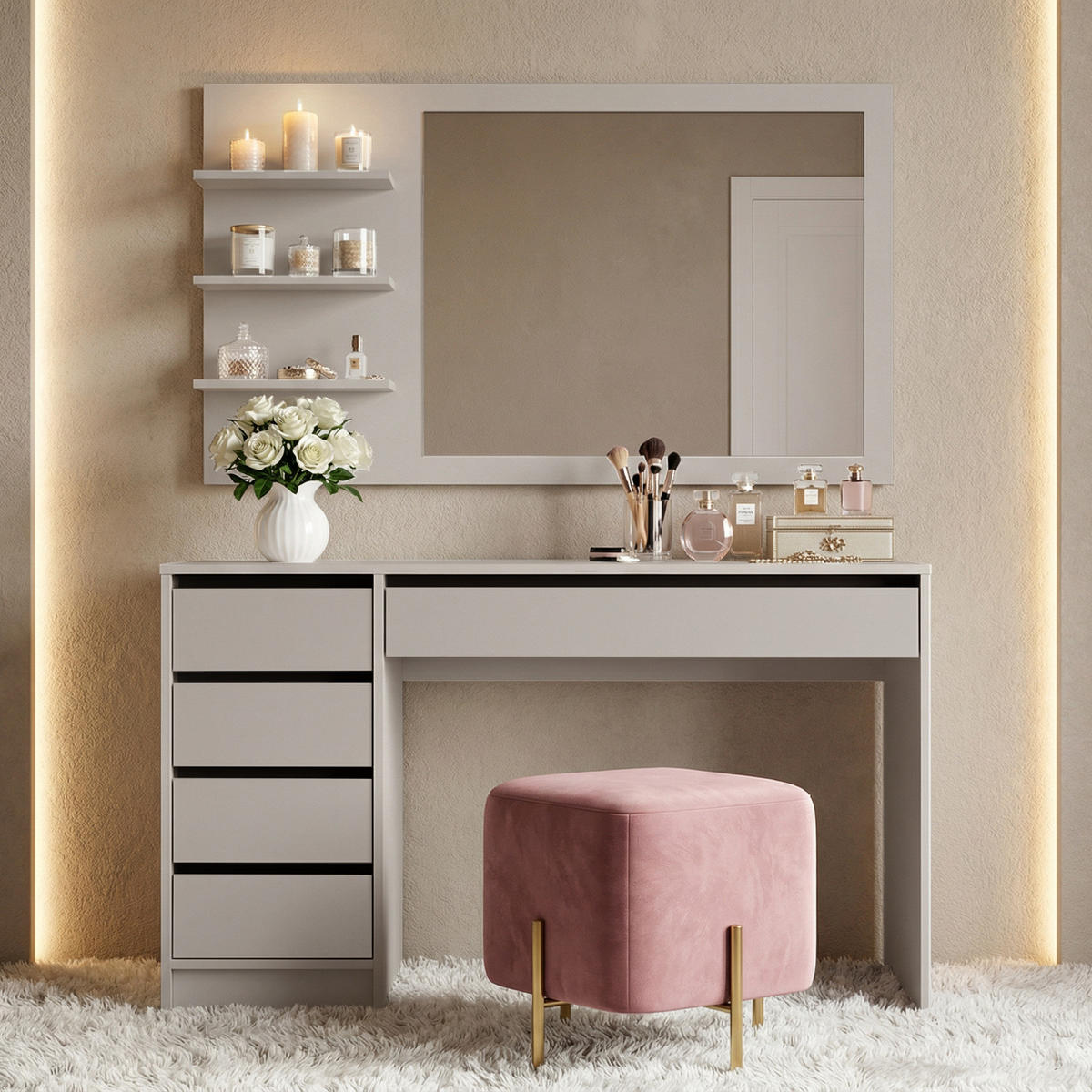 TOALETNÍ stolek Malta s 5 zásuvkami, se zrcadlem, bez úchytek, kašmír - černá/kašmírová, kov/kompozitní dřevo (120/145.5/57cm) - Beautysofa