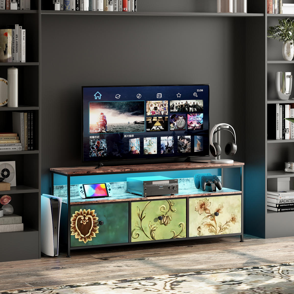 TV-SCHRANK, TV Board mit LED, 137 cm, Fernsehtisch mit 3 Stoffschublade - Multicolor, Holz (30/57/137cm)