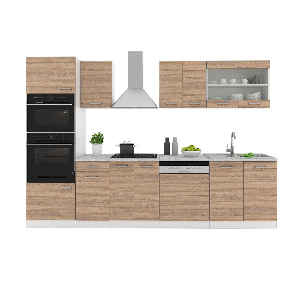 KÜCHENZEILE R-Line Sonoma/Weiß 300 cm mit Hochschrank, AP Eiche - Weiß/Sonoma Eiche, Holzwerkstoff (300/81.6/60cm) - Vicco