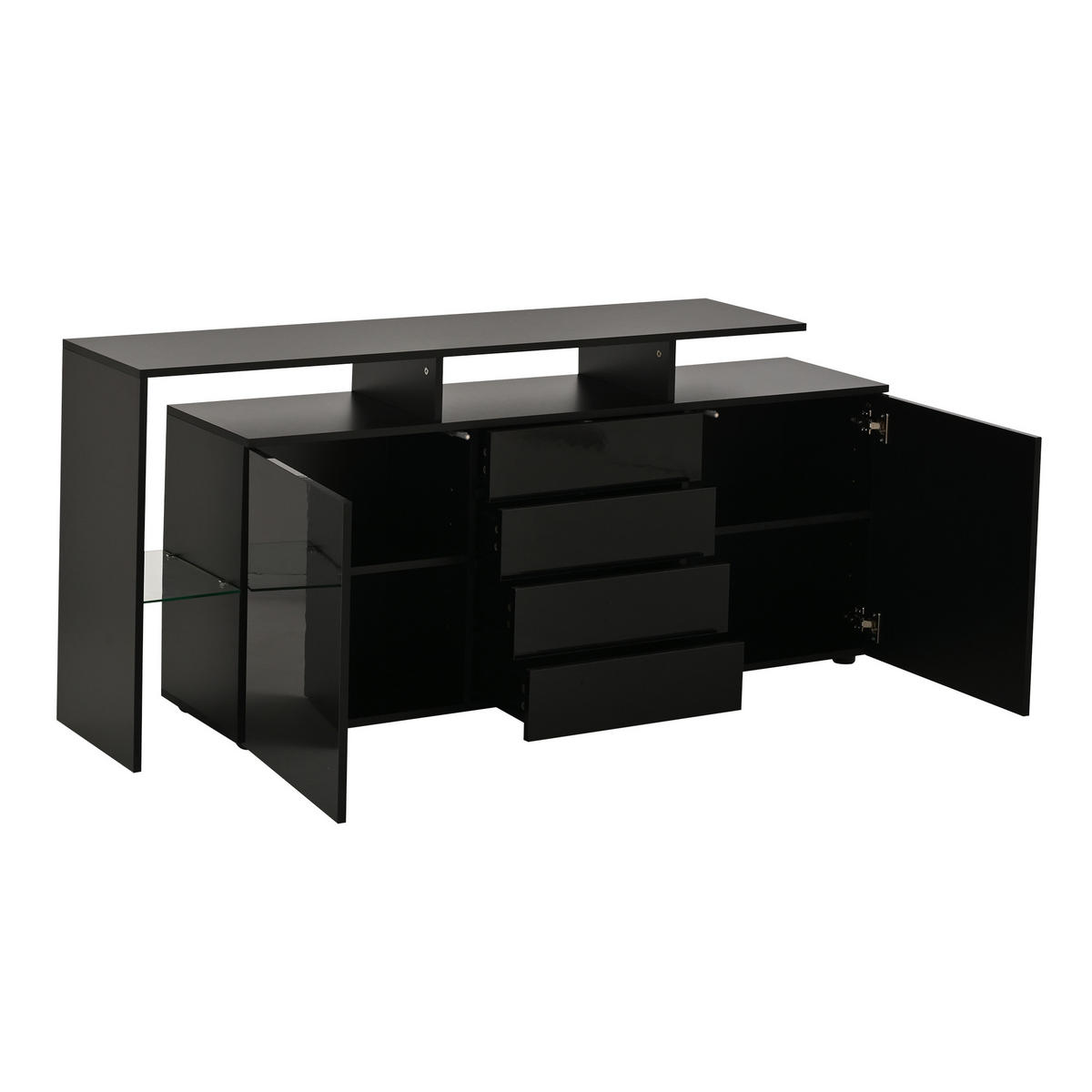 SIDEBOARD 140x40x84 cm Hochglanz mit Glastüren LED Fernbedienung verstellbare Fächer 50 kg - Schwarz, Glas/Holzwerkstoff (140/70/35cm) - EVRYAE