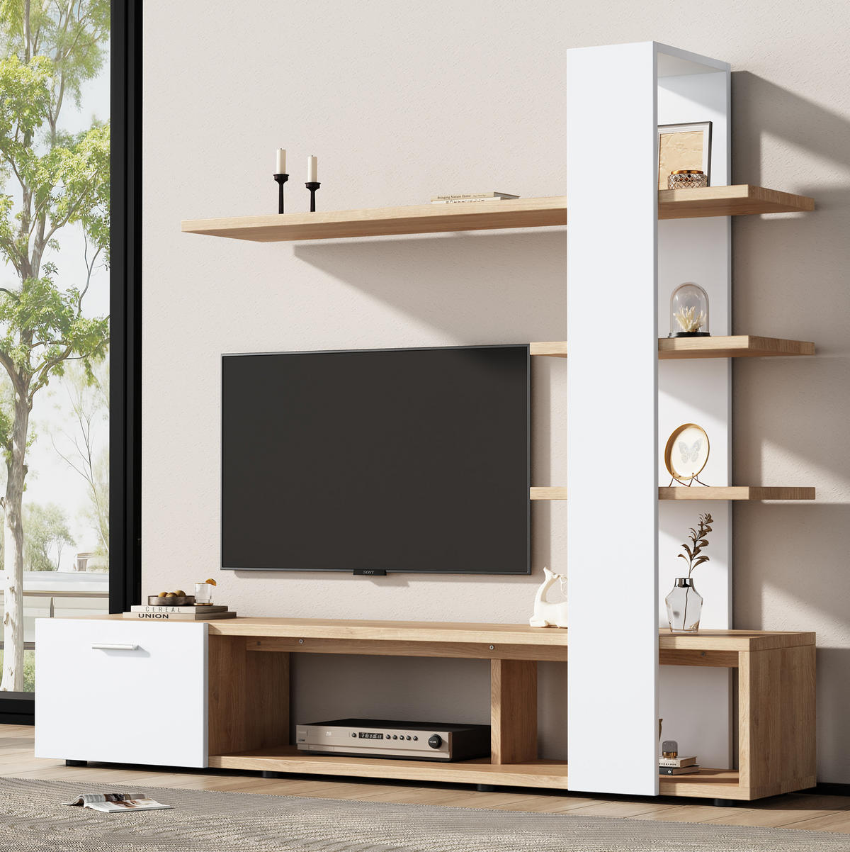 TV-WANDSCHRANK mit Regalen 180 x 33,5 x 151,5 cm Weiß/Wood - Weiß, Holzwerkstoff (33.5/151.5/180cm) - Beauniv