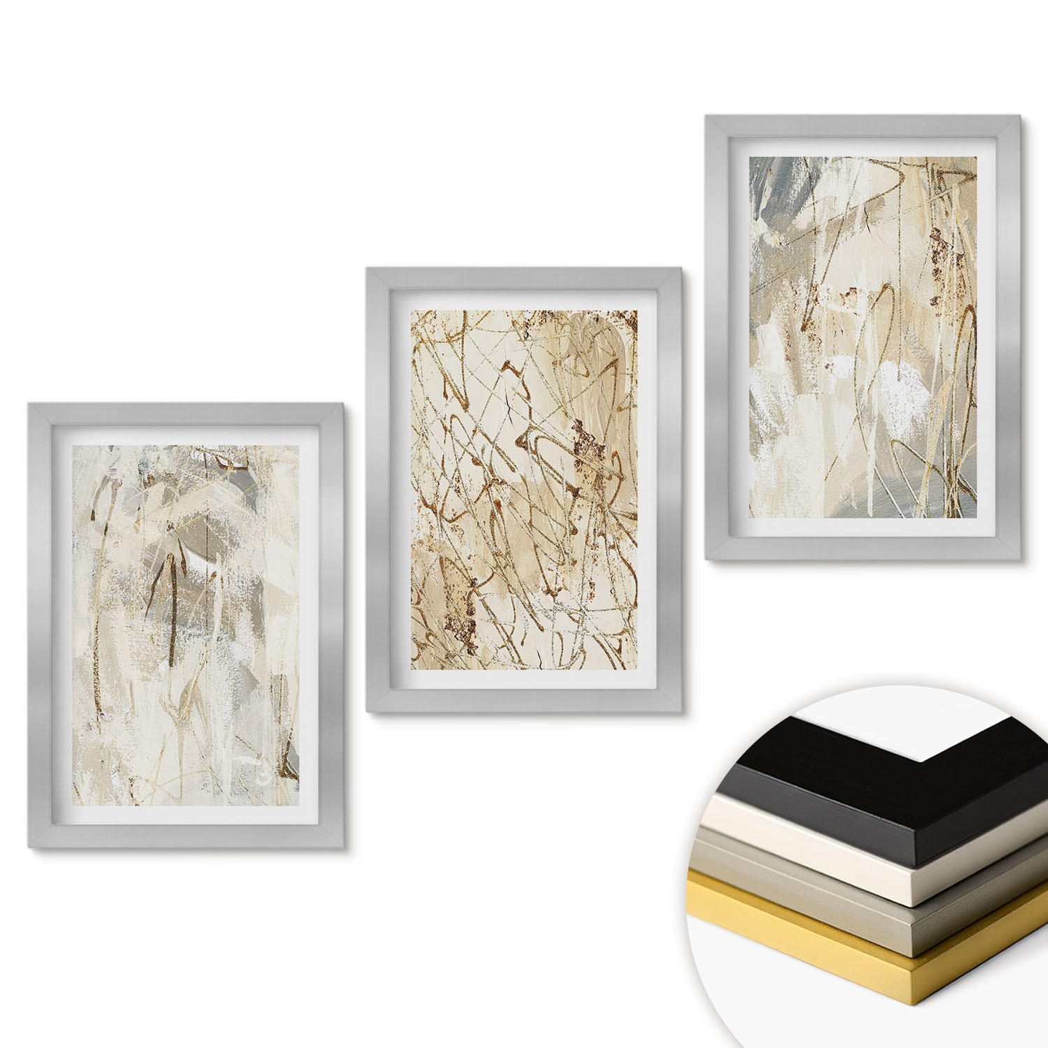 WANDBILDER 3er Set - 20x30 cm Silberner Rahmen - Abstrakte Muster in Beige und Grau - Silberfarben, Kunststoff (20/30cm) - ArtPrintCave