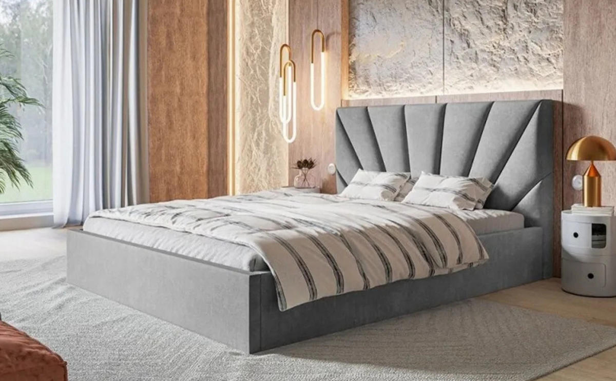 POLSTERBETT SLIM 3 mit Kopfteil, 180x200 cm, Doppelbett mit Bettkasten und Lattenrost aus Holz, Velourstoff, Farbe: Grau - Silberfarben, Holz/Textil (180/200cm) - Sepro Meble