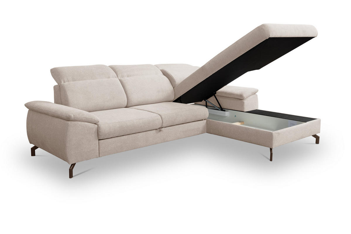 ECKSOFA MALIBU mit Schlaffunktion und Bettkasten, Farbe: Beige, Velourstoff, Ottomane Rechts - Beige, Textil (276/184cm) - VENASI MÖBEL