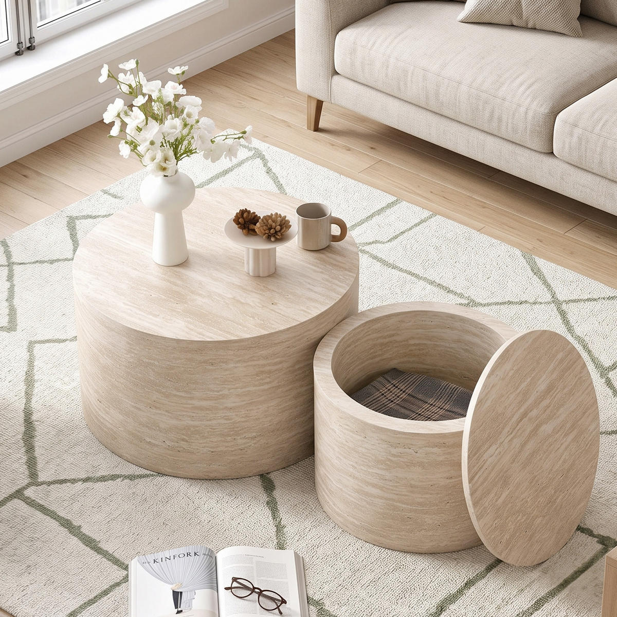 COUCHTISCH 2er-set Rund Holzoptik mit Stauraum & abnehmbarem Deckel - Naturfarben, Holzwerkstoff (62.8/62.8/35cm) - Urban Meuble