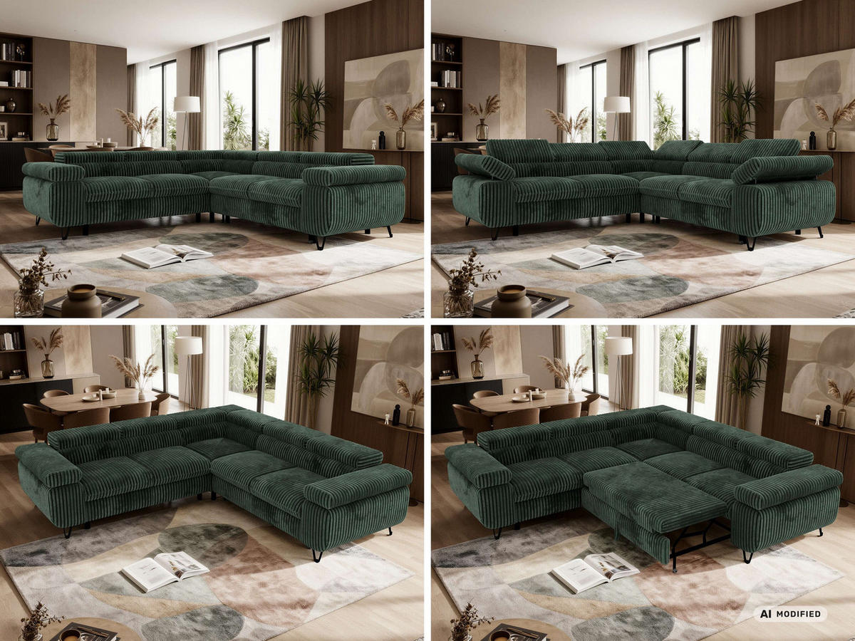 ECKSOFA QUADRO L - Dunkelgrün Cord - Links Seite - Dunkelgrün/Schwarz, Textil/Metall (269/269cm) - MKS