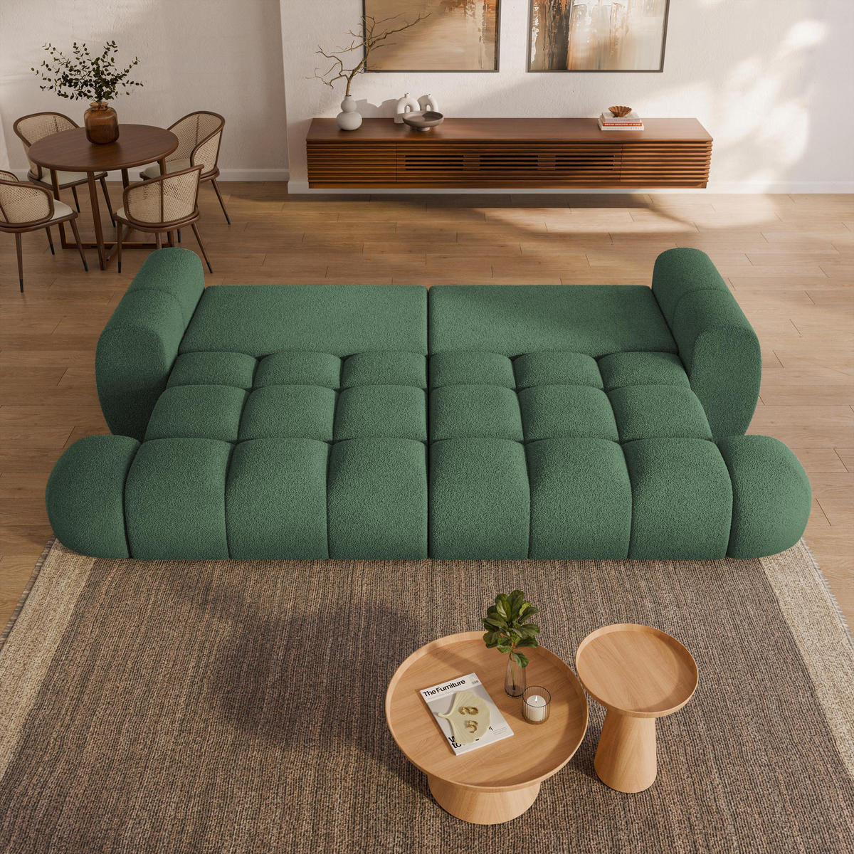 BETTSOFA DAFNE Grün Bucle-Stoff mit Schlaffunktion - Grün, Textil (300/88/113cm) - MASSENO