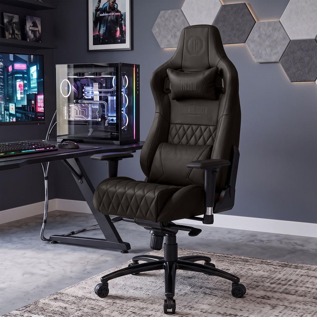 GAMINGSTUHL Echtleder braun - Schwarz/Braun, Leder/Metall (70/133/64cm) - CLP