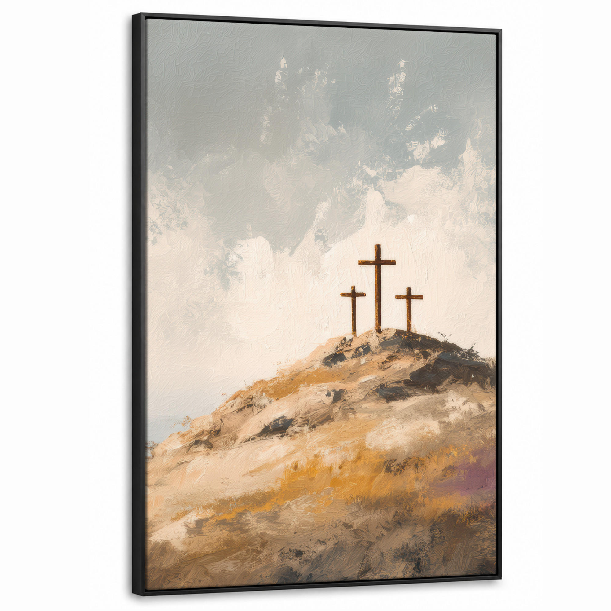 LEINWAND Bilder mit Rahmen - Hügel - Abstrakt - Christentum - Kreuz - 80x120 - Hellgrau, Textil (80/120cm) - MuchoWow