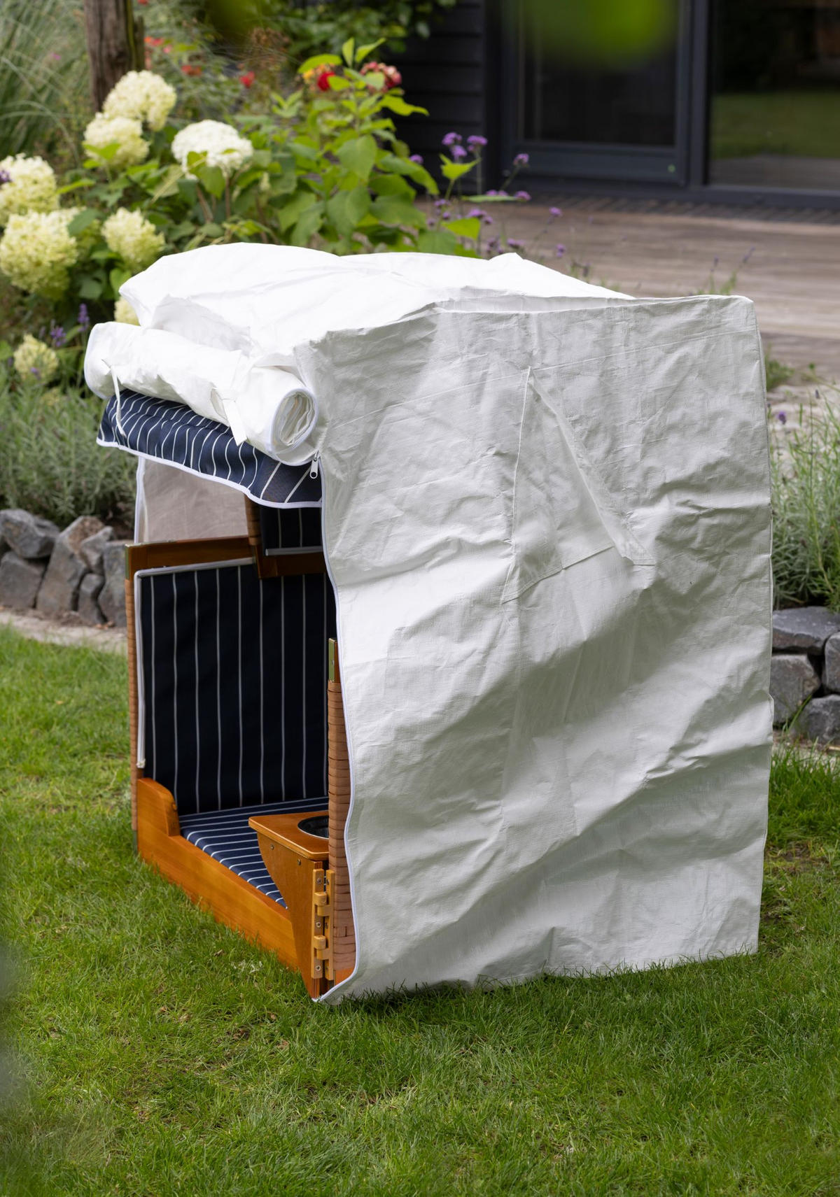 HUNDESTRANDKORB - gestreift/blau - PE beige - inkl. Schutzhülle - Blau, Holz/Textil (80/95/65cm) - bene living