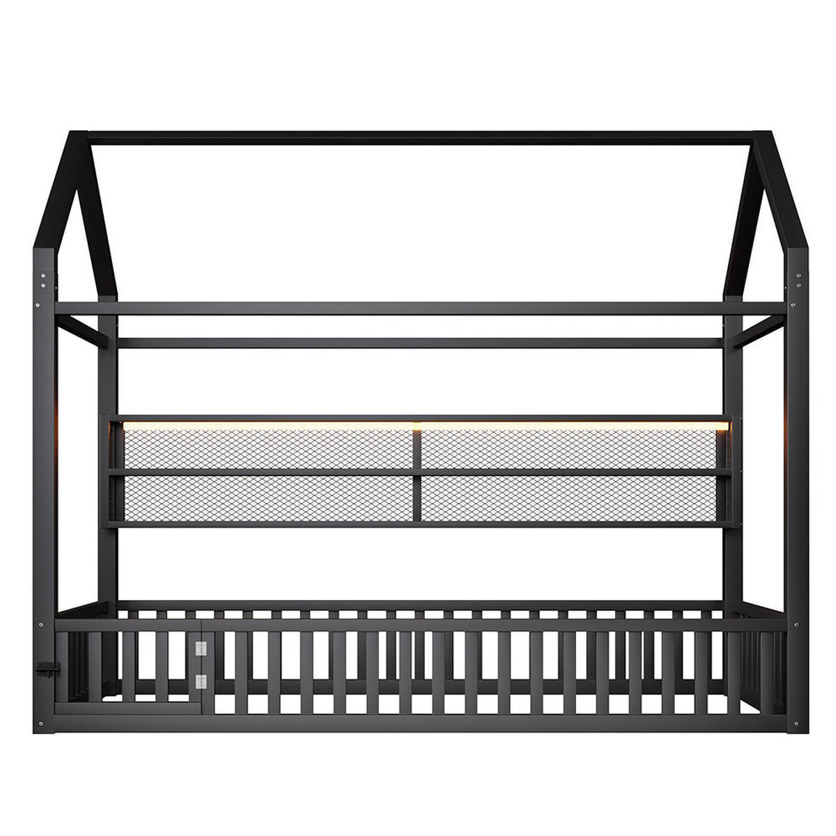 HAUSBETT 90x200 cm mit Zaun und LED-Beleuchtung, Schwarz - Schwarz, Metall (90/200cm) - KOMHTOM