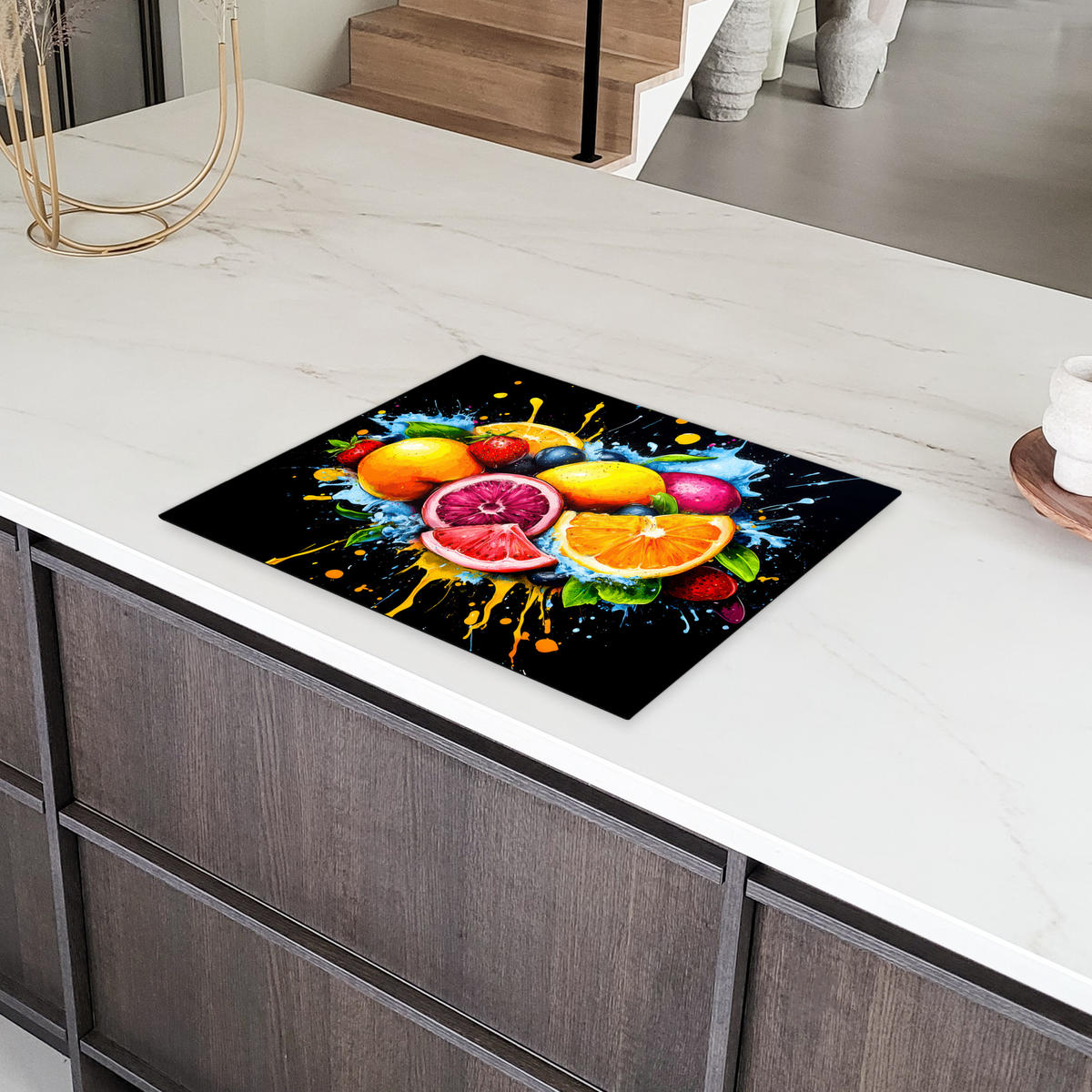 HERDABDECKPLATTE Obst - Graffiti - Bunt - Orange - Erdbeere - Abstrakt 65x52 cm - Orange, Kunststoff (65/52/0.2cm) - MuchoWow