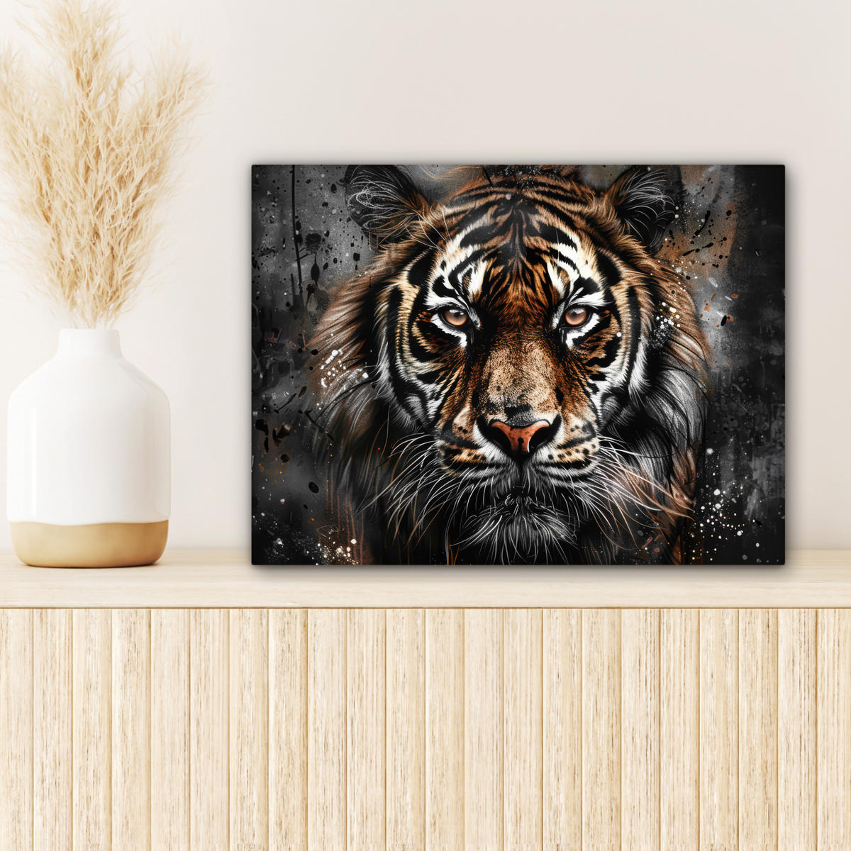 LEINWANDBILD Tiger - Tiere - Porträt - Luxus - Schwarz Wandbild 40x30 cm - Anthrazit, Textil (40/30cm) - MuchoWow