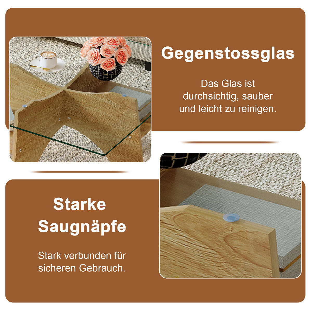 COUCHTISCH aus MDF und Sicherheitsglas 80x80x40 cm in Naturfarben - Naturfarben, Glas (80/80/40cm) - Modfu