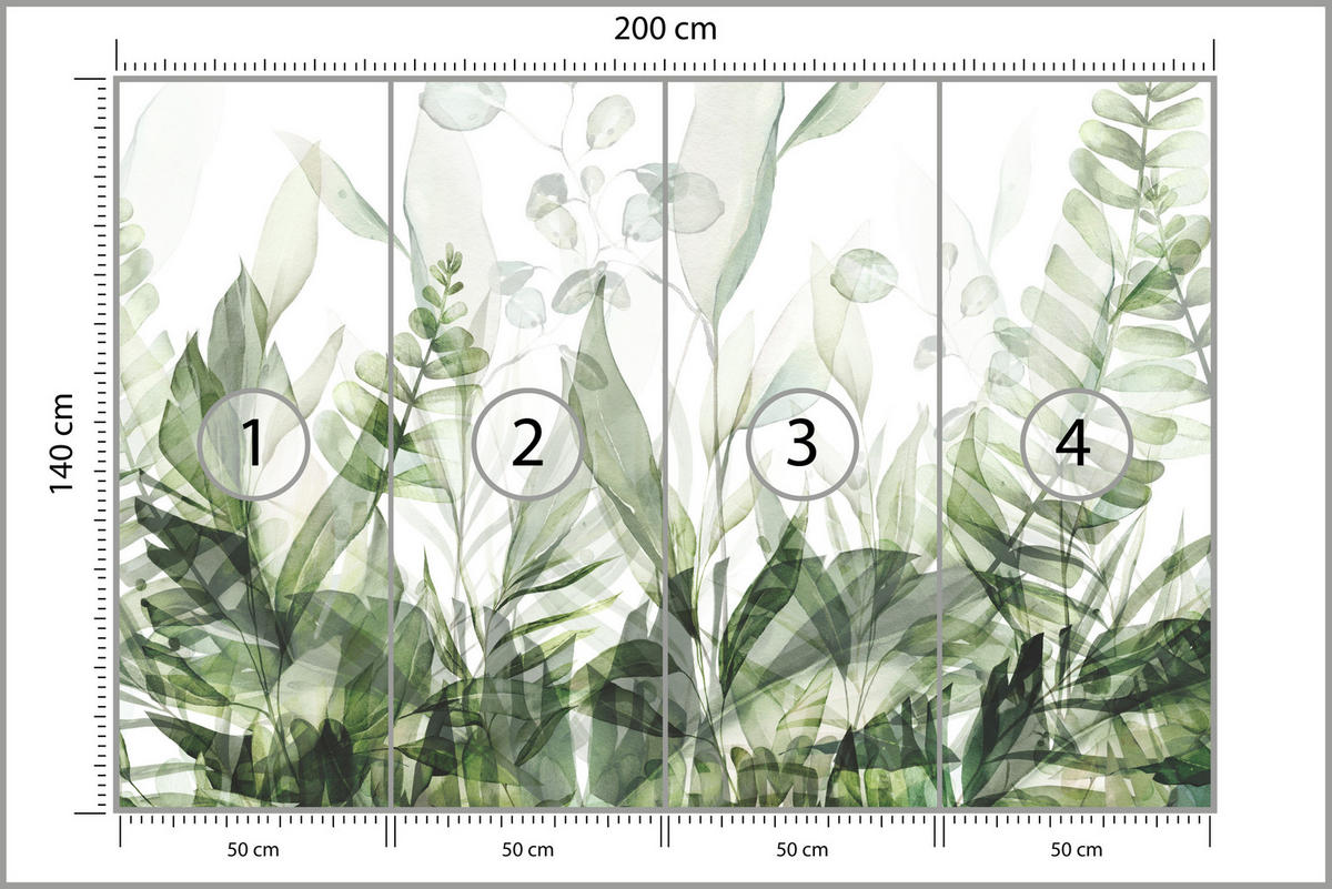 FOTOTAPETA Pre Spálňu Akvarel Tropické Zelené Listy Exotická Listy 200 x 140 cm - biela/zelená, papier (200/140cm) - Muralo