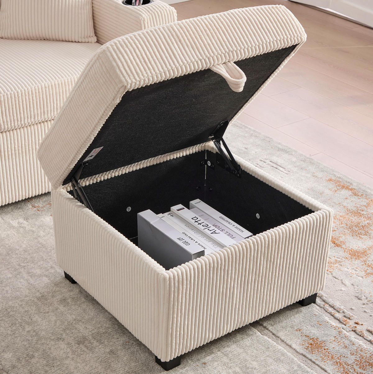 ECKSOFA aus Cord 194x73x81 cm Beige mit LED-Beleuchtung, USB-C-Anschluss, Seitentaschen und 2 Schubladen - Beige, Textil (194/73cm) - Modfu
