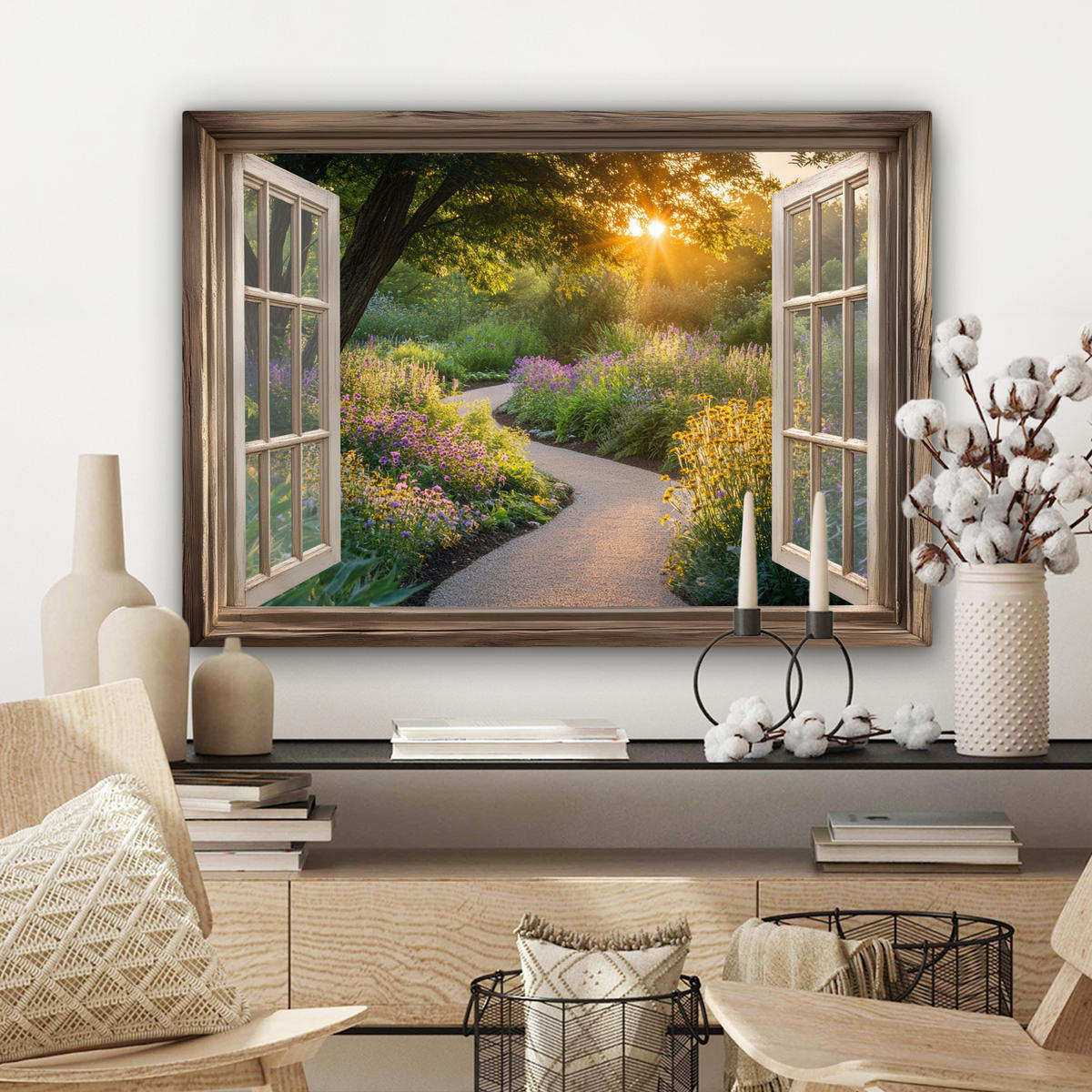 LEINWANDBILD Aussicht - Blumen - Natur - Sonne - Weg Wandbilder 80x60 cm - Hellgelb, Textil (80/60cm) - MuchoWow