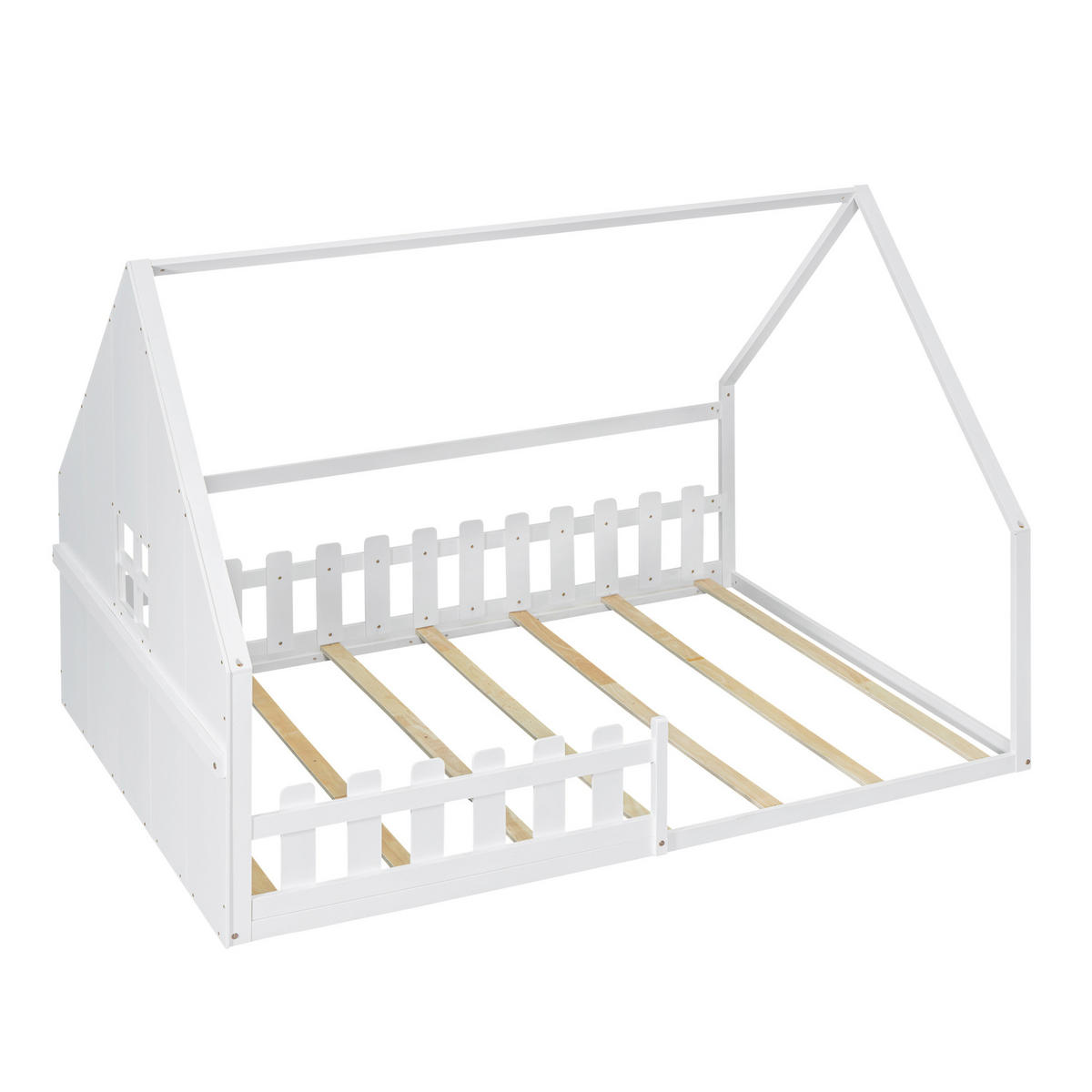 KINDERBETT 140/200 cm mit Hausrahmen und Geländer aus Kiefer und MDF, Weiß - Weiß, Holzwerkstoff (140/200cm) - Redom