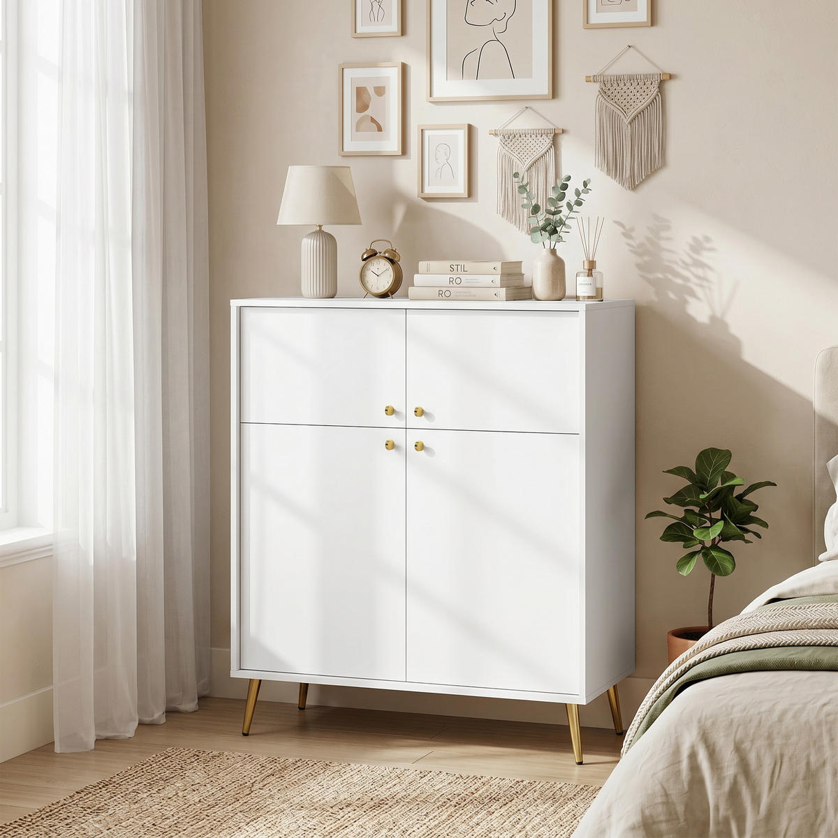 SIDEBOARD av spånskiva och metall, krämvit - Cremefärgad/Guldfärgad, Träbaserade material/Metall (40.5/122.4/105.4cm) - HOMCOM