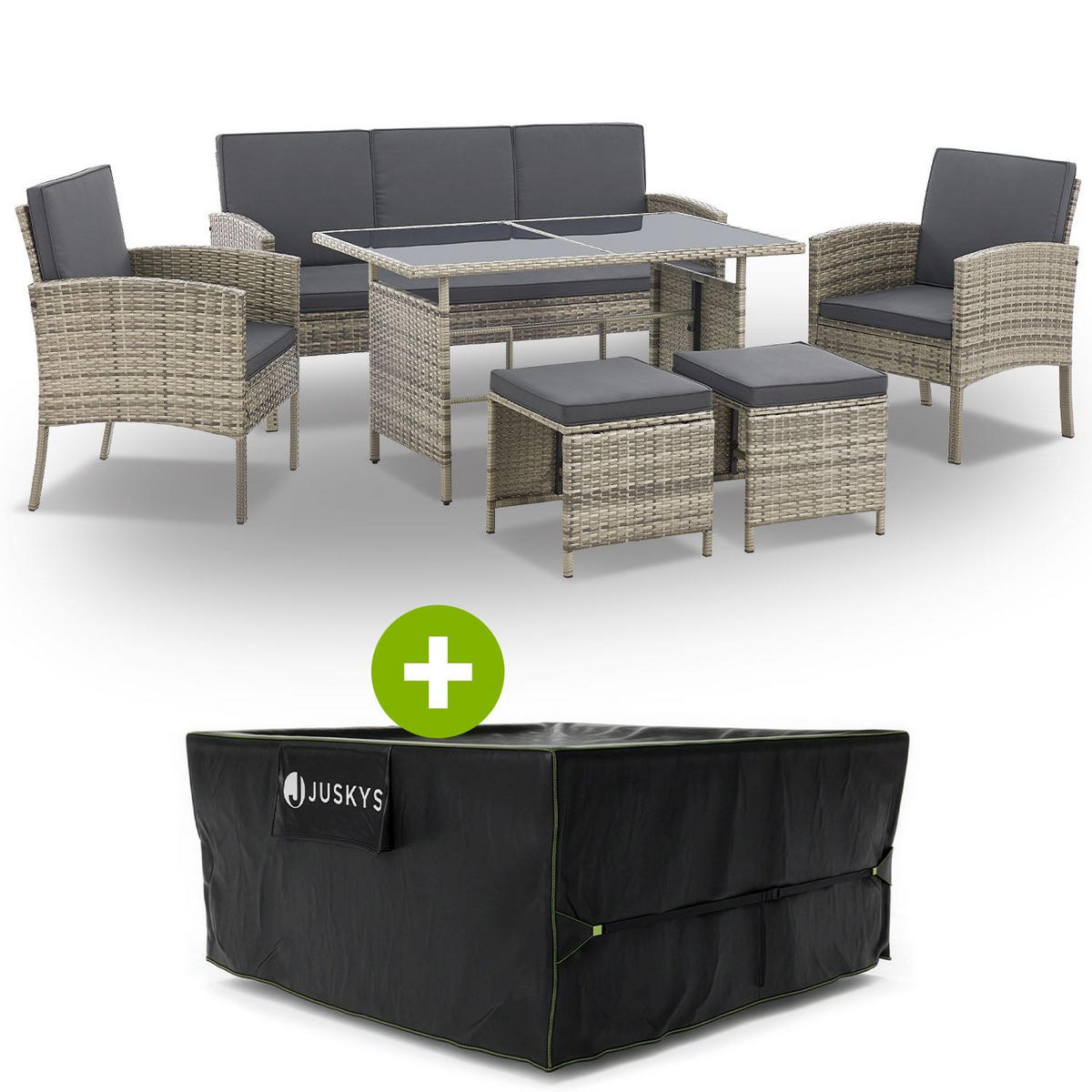 SITZGRUPPE Turin dunkelgrau Polyrattan inkl. Abdeckung - Grau, Kunststoff - Juskys