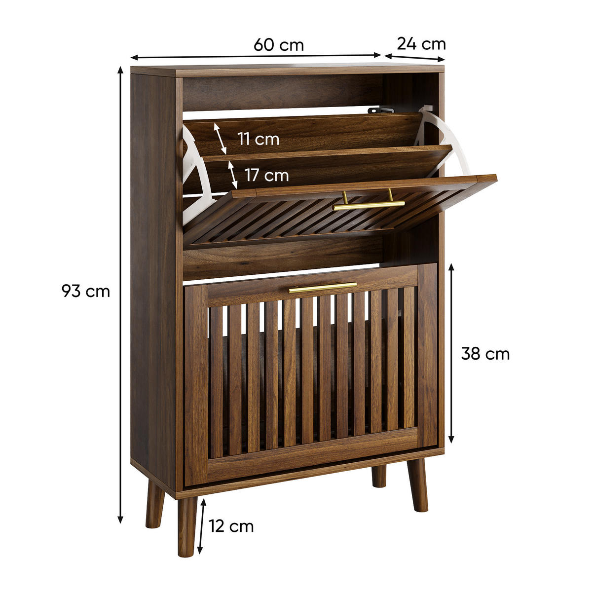 SCHUHSCHRANK 60/24/93 cm walnussfarben aus MDF und Spanplatte mit 2 Klappen - Walnussfarben, Holzwerkstoff (60/93/24cm) - OKWISH