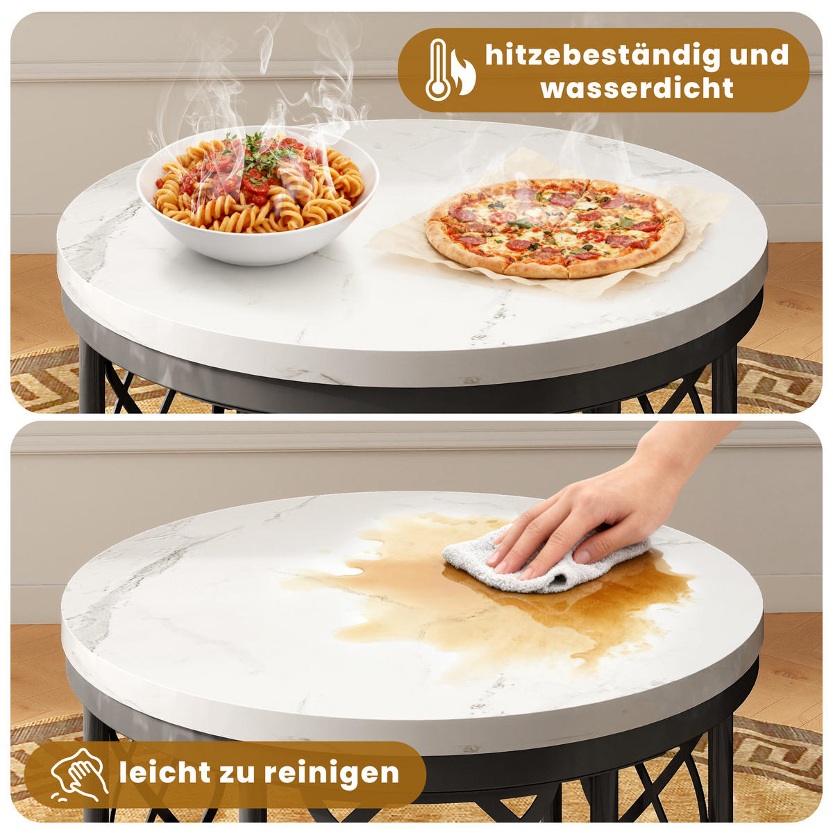 COUCHTISCH-SET mit Marmoroptik, Nesting Tische rund,Beistelltisch Metallgestell 70/70/45 cm + 45/45/37 cm, Weiß und Schwarz - Weiß, Holzwerkstoff (70/70/45cm) - Redom