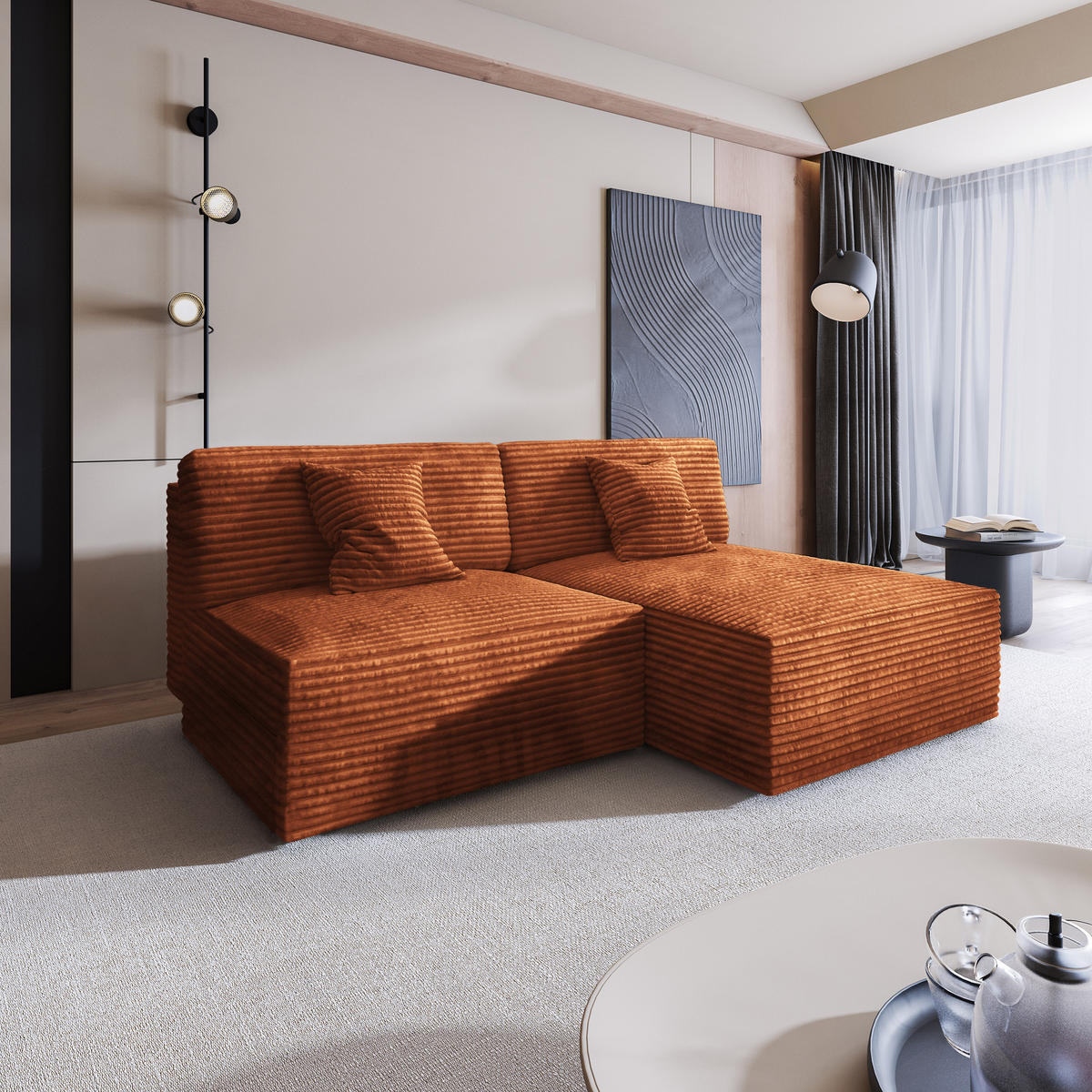 ECKSOFA FIORO Braun Kordstoff mit Schlaffunktion - Braun, Holz (204/148cm) - MASSENO
