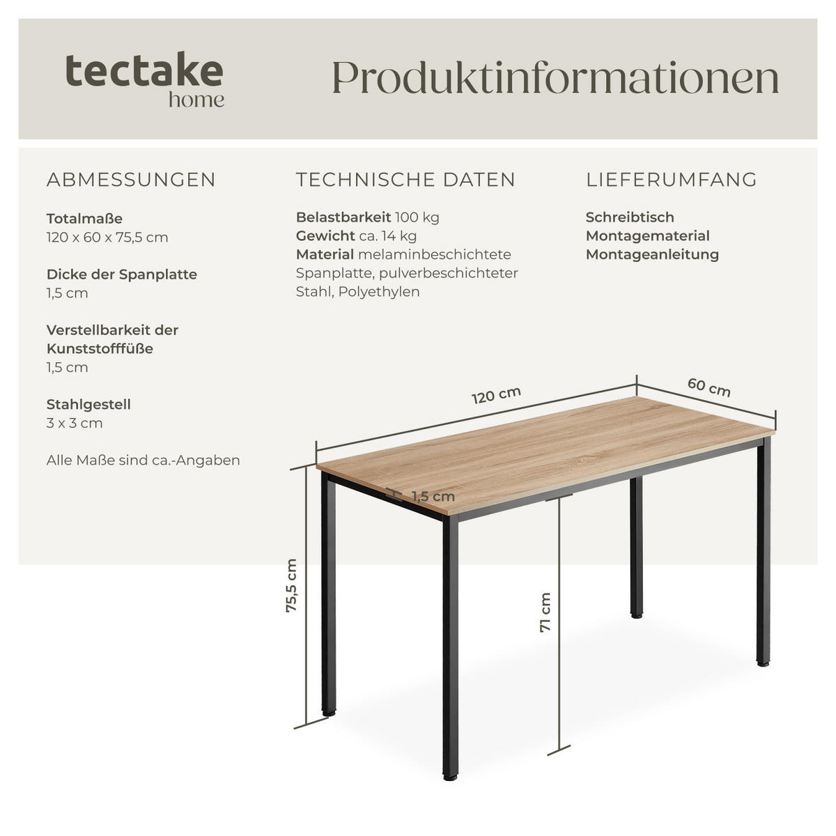 SCHREIBTISCH Vanport,120 x 60 x 75,5 cm,Industrial Holz hell, Eiche Sonoma - Naturfarben, Holzwerkstoff (120/60/75.5cm) - tectake