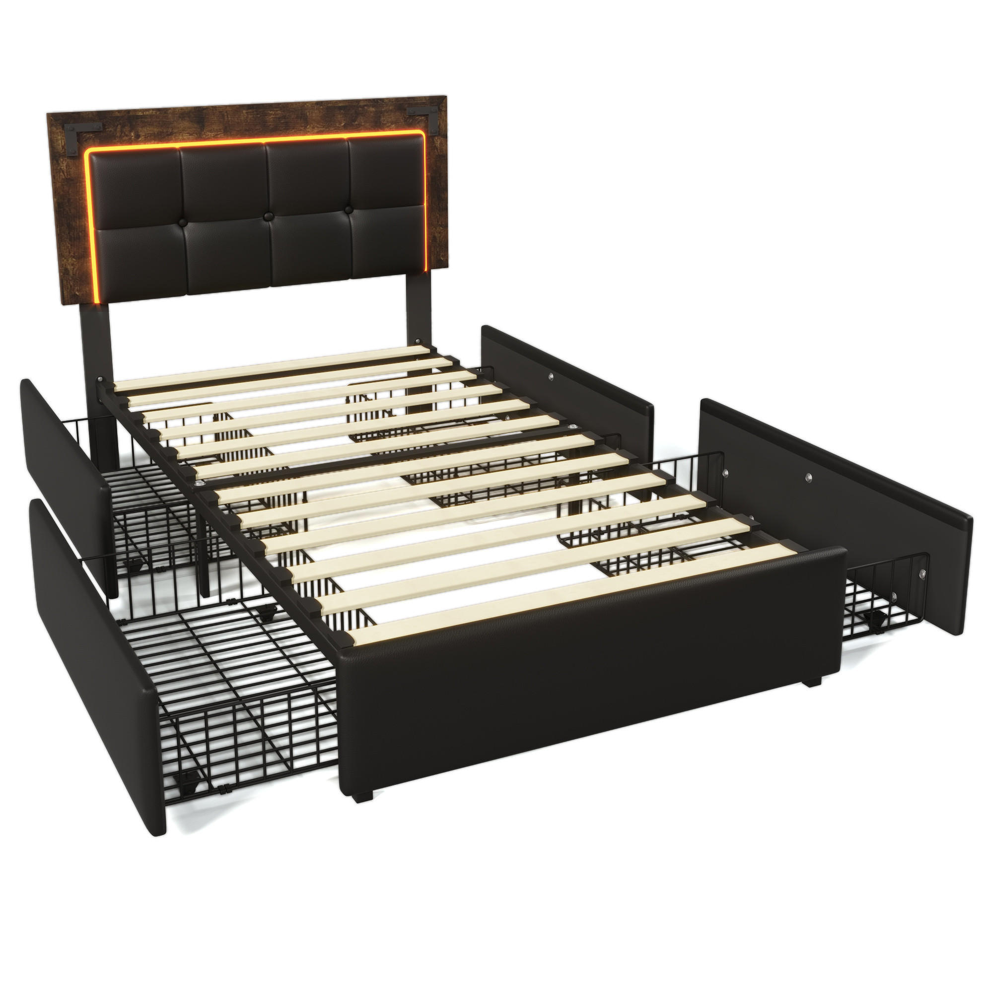POLSTERBETT aus PU 90x200 cm in Schwarz mit LED-Beleuchtung & Matratze - Schwarz, Leder (90/200cm) - Modfu