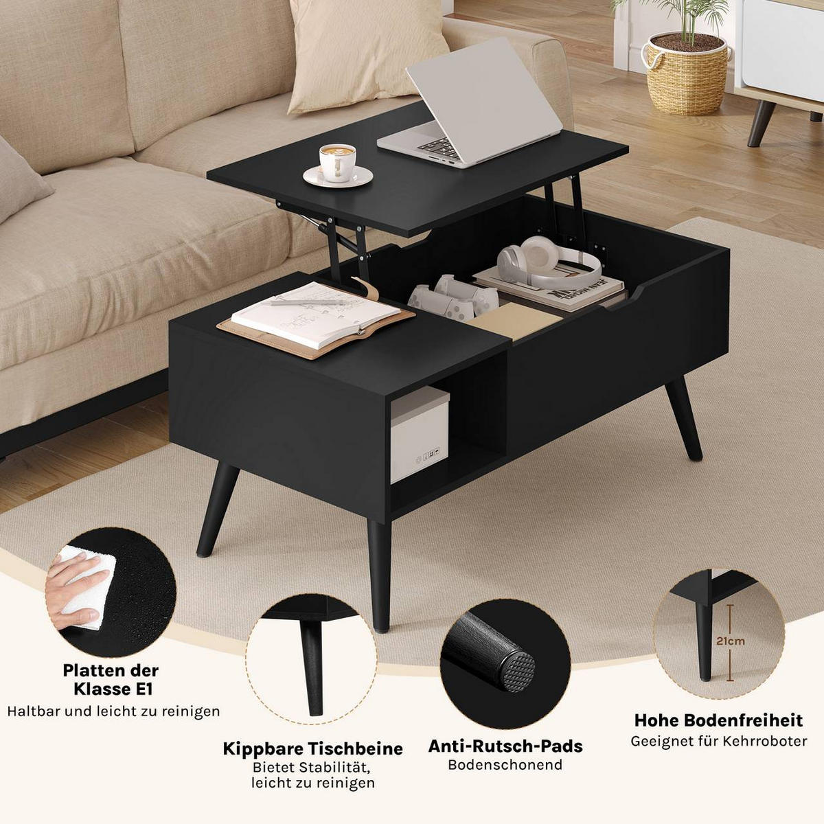 COUCHTISCH höhenverstellbar(47-53 cm), mit Stauraum, Schwarz - Schwarz, Holzwerkstoff/Metall (50/100/43cm) - Woltu