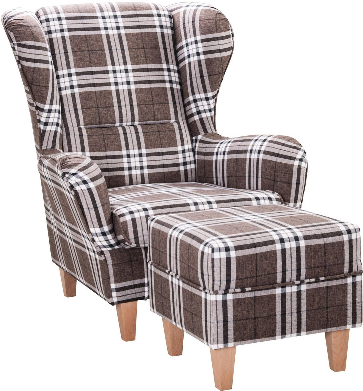 OHRENSESSEL Sofia Relaxsessel mit Hocker | Design Oxford - Braun/Weiß, Textil (92/68/95cm) - Supellex