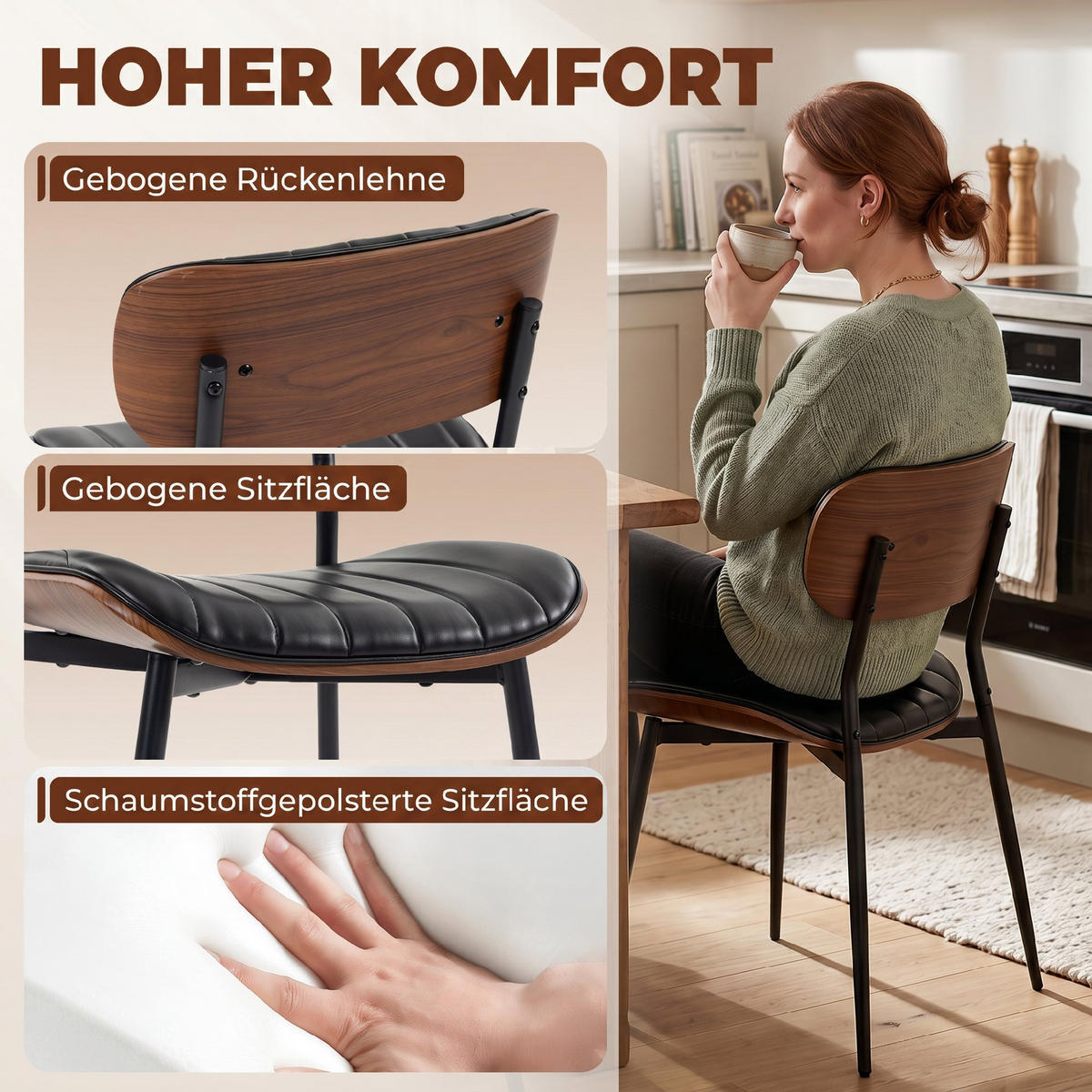 ESSZIMMERSTÜHLE 2er Set Kunstleder Formholz Schwarz - Schwarz, Leder/Holzwerkstoff (49.5/80/49.5cm) - HOMCOM