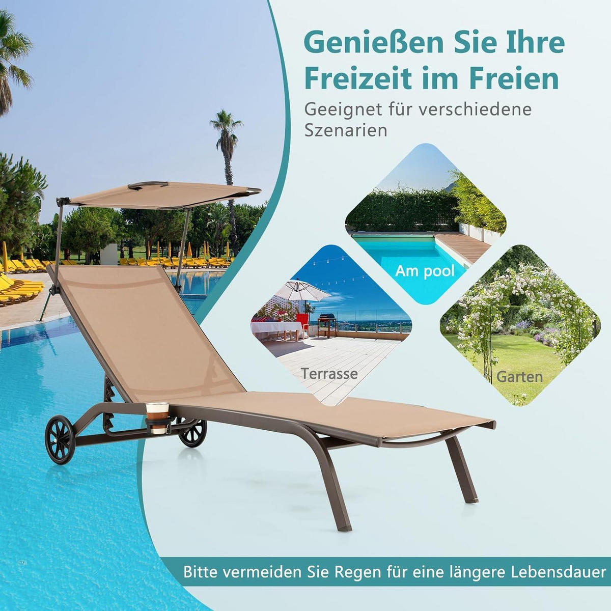 GARTENLIEGE mit Dach & Getränkehalter Braun 165 x 61 x 96 cm - Braun, Metall (61/96/165cm)